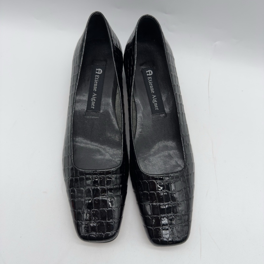 Etienne Aigner Vintage Twiggy I Black Patent Croc. Leather Block Heel Size 6.5M - Picture 8 of 13